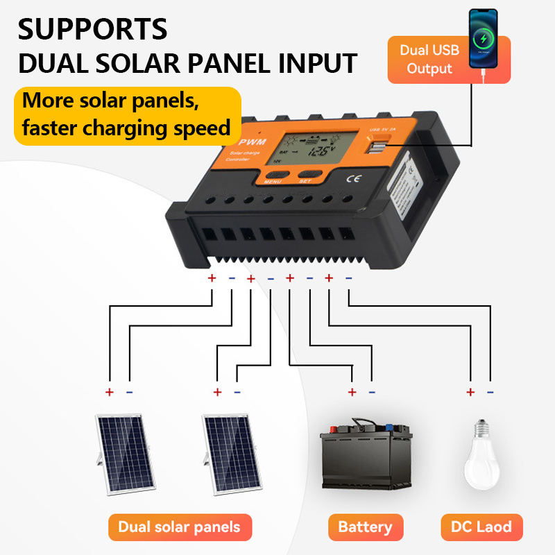 Pwm Charge Controller - Dubbele zonnepaneelinterface, zonnepaneelcontroller 12v24v48v volledig automatische
